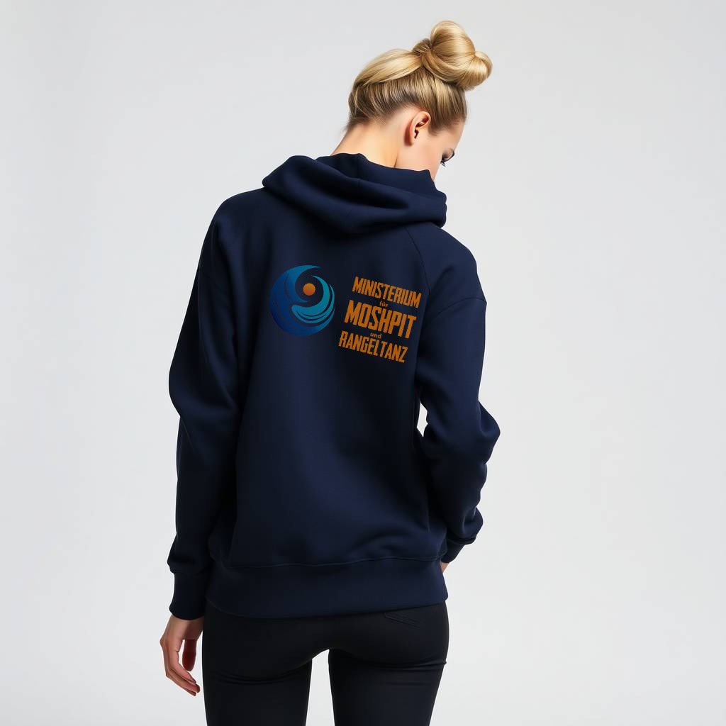 Ministerium für Moshpit und Rangeltanz – Menschen beim Pogo-Tanzen mit Hoodie und Logo des Ministeriums